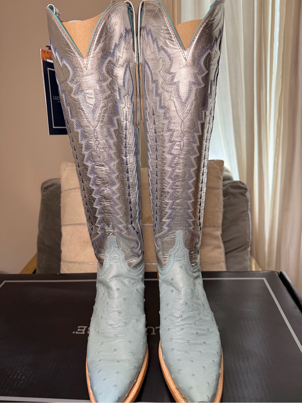 Priscilla Exotic Silver Metallic & Light Blue Ostrich Tall Western Boots